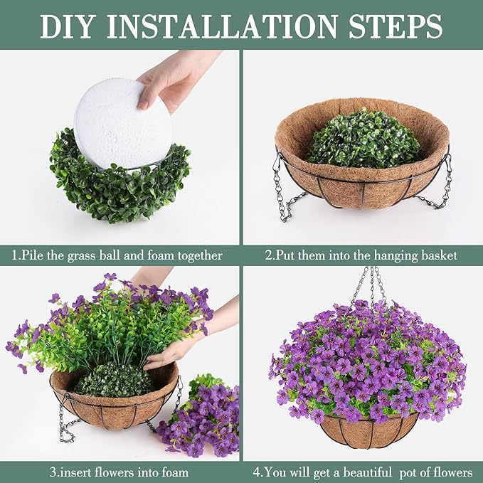 Artificial Flowers Hanging Plants in Basket,Artificial Hanging Flowers for Outdoor Indoor Decor,UV Resistant Hanging Baskets with Fake Flowers for Patio Garden Porch Deck Decoration