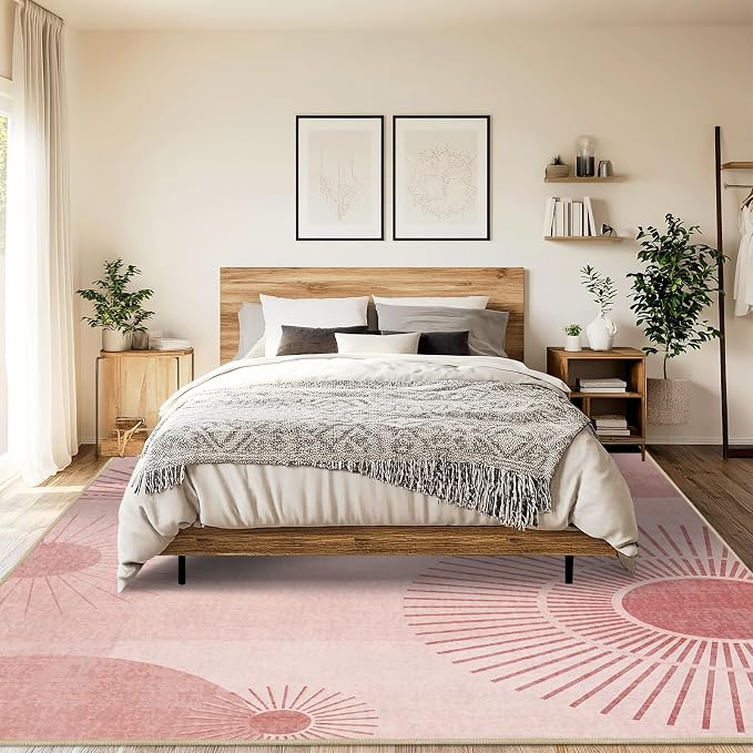 8x10 Large Area Rug for Living Room Sun Rug Mid Century Modern Rugs Machine Washable Boho Geometric Rug Non Slip Printed Low Pile Indoor Floor Carpet for Dining Room Bedroom Office,Pink