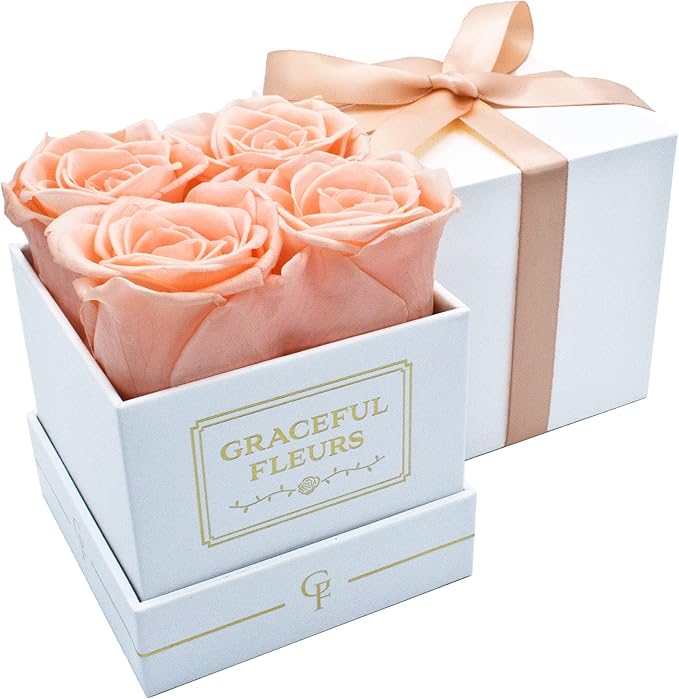 Graceful Fleurs | Real Long Lasting Roses for Years | Preserved Fresh Flowers for Delivery Birthday | Birthday Gifts for Women | Forever Roses in a Box (Light Peach, White Box, 4 Roses)