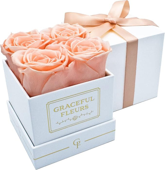 Graceful Fleurs | Real Long Lasting Roses for Years | Preserved Fresh Flowers for Delivery Birthday | Birthday Gifts for Women | Forever Roses in a Box (Light Peach, White Box, 4 Roses)