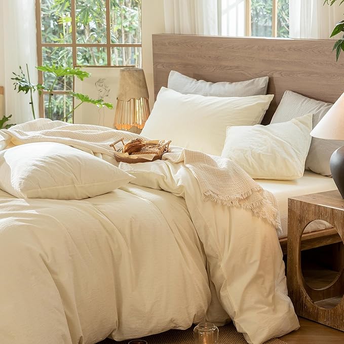 MooMee Wavy Striped Duvet Cover Set 100% Washed Cotton Linen Like Textured Breathable Durable Soft Comfy (Cream White, Oversized King Plus 128"x120")