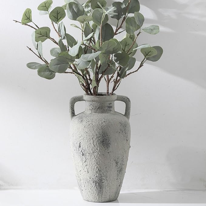 Large Vase with Handle - Ceramic Rustic Vase, 11.41 inch Tall Terracotta Flower Vase with 2 Handles, Decorative Vases for Home Decor, Dining Table, Living Room, Kitchen, Office