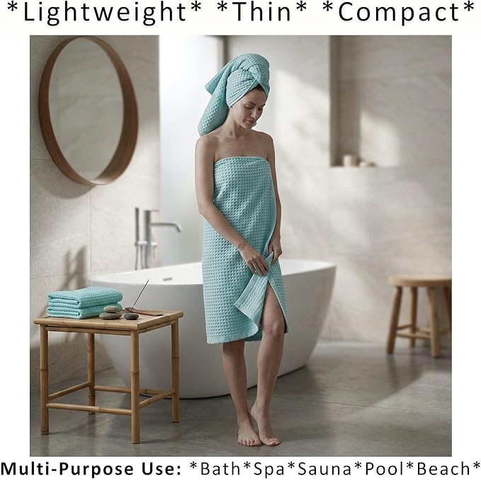 PÜSKÜL 4-Piece Natural 100% Turkish Cotton Luxury Waffle Towels for Bathroom | Premium Honeycomb Weave 2 Hand Towel & 2 Bath Towel Set | Soft Absorbent Quick-Dry Lightweight Towels (Turquoise)