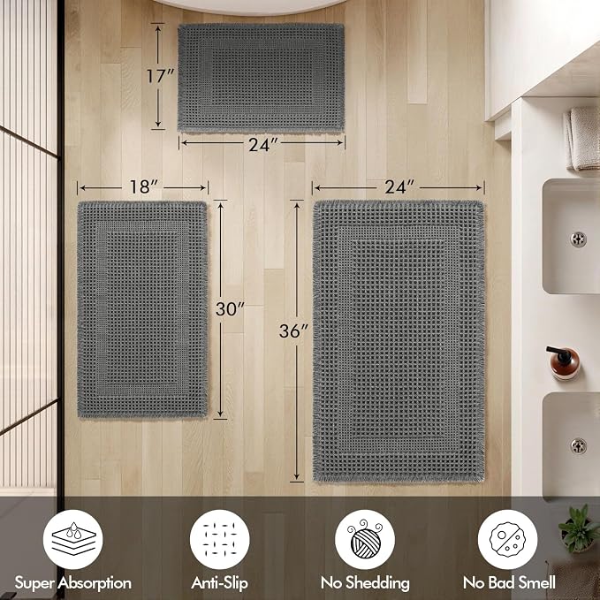 MIULEE Set of 2 Waffle Bathroom Rugs, Boho Bath Rug Super Absorbent, Non Slip Washable Ultra Soft Rubber Backed Shower Bath Mats for Floor, Tub, Shower, Looped Design, Dark Grey, 17"x24"+18"x30"