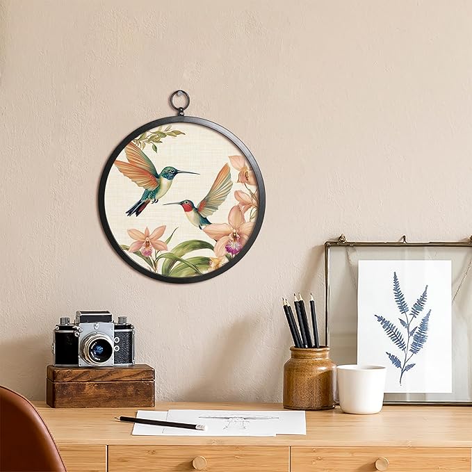 XIAOAIKA Vintage Wall Art with Metal Frame, Round Wood Print Featuring Hummingbirds and Orchid Flowers, Boho Wall Decor for Living Room, Bedroom, Kitchen, Hallway, 10 Inch