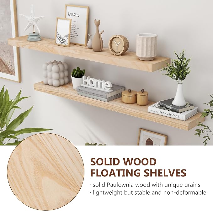 fuqing Natural Wood Floating Shelves, 48 Inch Wood Floating Shelves Set of 2, Natural Raw Wood Shelves for Living Room Bedroom Home Office - Natural