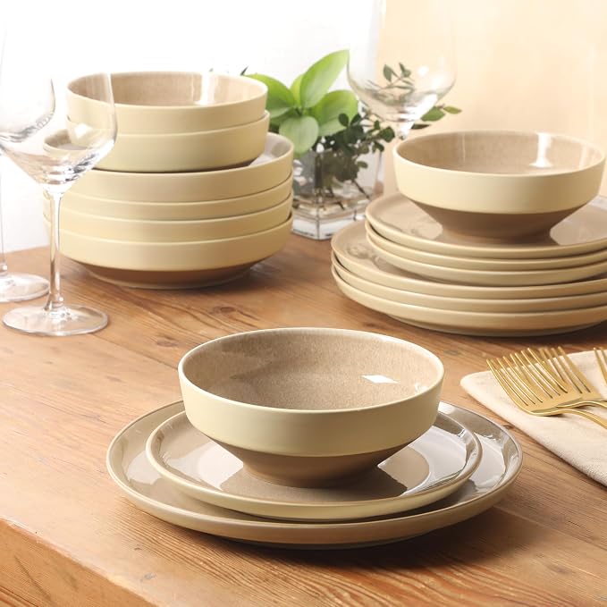 Gibson Elite Octavia Place 16 Piece Stoneware Dinnerware Set, Service for 4, Coupe Modern Plates & Bowls, Reactive Glaze Finish, Taupe, Microwave & Dishwasher Safe