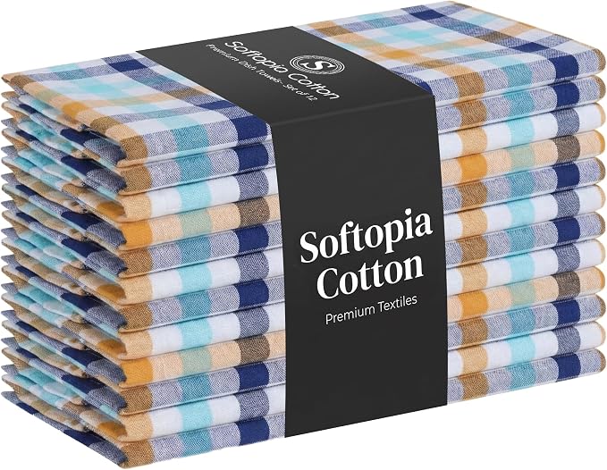 Check Dish Towels 12 Pack, 18"x26", Absorbent Hand Towels for Kitchen Use, Quick Dry Cloths, Durable Washable Rags, Reusable Dishcloth Set - Indigo Blue, Mustard Yellow, Aqua Blue
