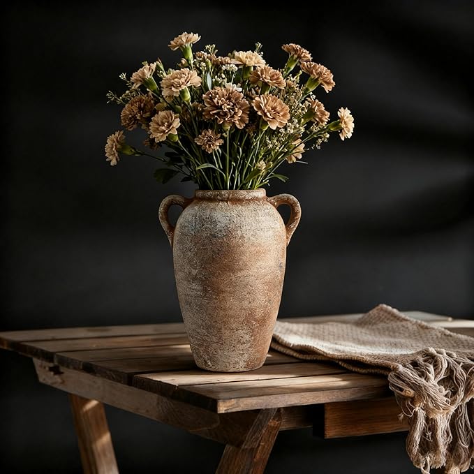 Ceramic Flower Vase with Handles Home Decor - 9 Inch Farmhouse Rustic Table Vases Living Room Decoration Decorative Vintage Pottery for Kitchen Shelf Dining Bookshelf Fireplace Centerpiece (Rustic-9")