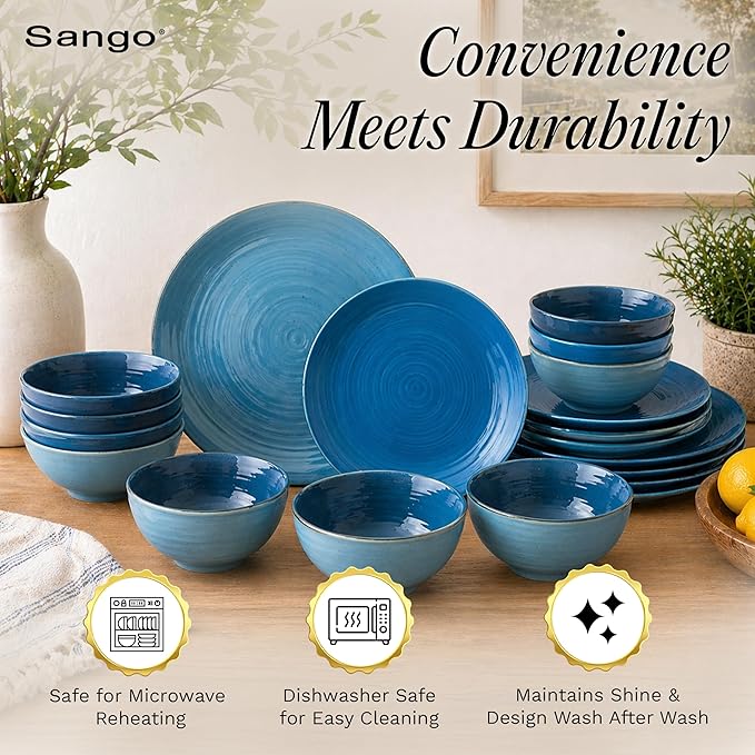Sango Siterra Artist's Blend 16-Piece Stoneware Dinnerware Set – Service for 4, Ocean Blue Glossy Glaze with Unique Speckled Design, for Everyday Dining & Entertainment, Microwave & Dishwasher Safe