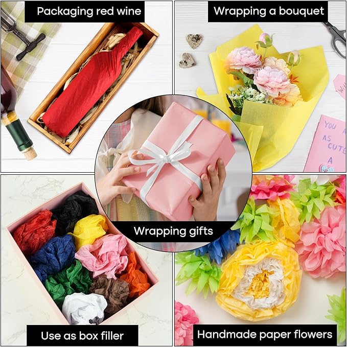 NEBURORA 120 Sheets Multicolor Tissue Wrapping Paper 10 Colors Tissue Paper Art Tissue Bulk for Birthday Holiday Presents Packaging Bouquet Wrapping Decoration
