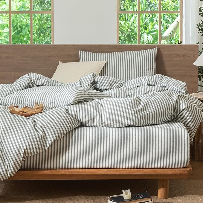 MooMee Striped Duvet Cover Set 100% Washed Cotton Linen Like Textured Breathable Durable Soft Comfy (Heathered Green Classic Stripes, Twin 68"x90")
