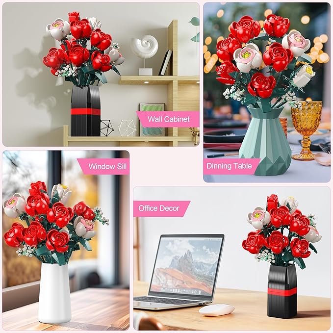 Roses Building Set with Vase, Flower Bouquet Building Kit for Home Office Decor - Flower Botanical Collection Toys Gift for Kids Girls and Adults Women on Valentine’s Day, Mother's Day - 841PCS