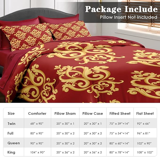 Comforter Set King Size, Vintage Floral Gold 7 Pcs Bedding for Kids and Adults, Medieval Burgundy Red Bed Sheet Sets with Fitted Sheet 2 Pillowcase & 2 Sham for Bedroom Bed Decor