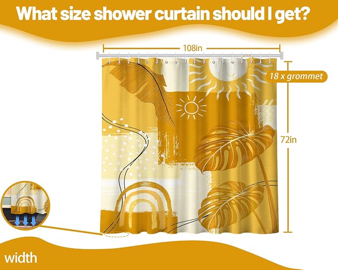 Extra Long Shower Curtain XL Mustard Yellow Leaf, 108 x 72 Inchs | for Extra Tall 108 Inchs Shower, Boho Botanical Pattern Design, Large Bathroom Decor Sets Waterproof Cloth Fabric, with Hooks