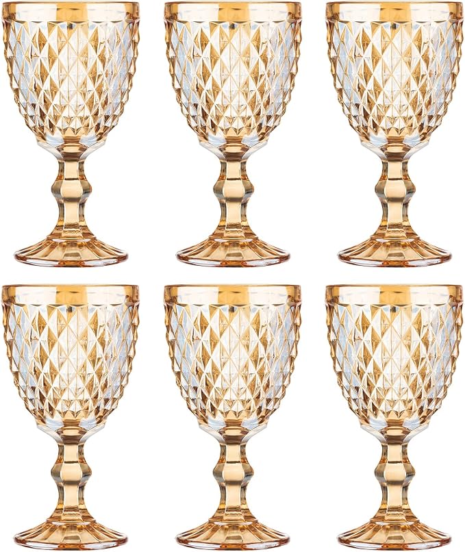 Vintage Wine Glasses Set of 6, 10 Ounce Colored Glass Water Goblets, Unique Embossed Pattern High Clear Stemmed Glassware Wedding Party Bar Glass Drinking Cups Diamond Amber