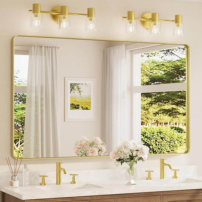 TETOTE 60 x 36 Inch Mirrors for Bathroom, Brushed Brass Gold Vanity Mirror, Large Rectangular Metal Frame Modern Wall Mirror for Living Room Shatterproof (Horizontal/Vertical)