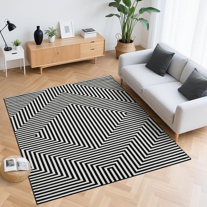 Washable 5x7 Area Rugs for Living Room Abstract Lines Rug Non Slip Soft Bedroom Modern Carpet Low Pile Non Slip Indoor Carpets for Bedroom Dining Home Office Nursery, Black