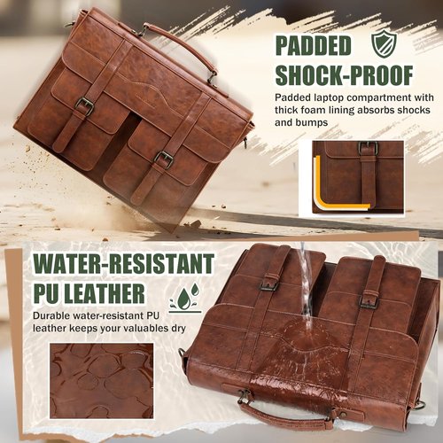 RAINSMORE Men's Vintage Leather Messenger Bag - 17 Inch Laptop Briefcase with Magnetic Closure