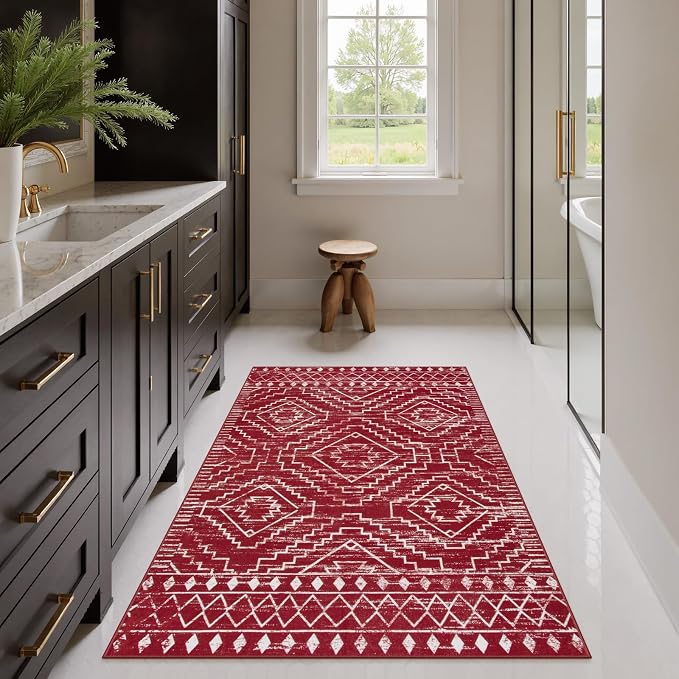 Wonnitar Moroccan Washable 3x5 Rug for Living Room, Non-Slip Chrisrmas Rug for Entryway, Low Pile Soft Farmhouse Area Rug for Bedroom Entry Kitchen Basement (Red,3'x5')