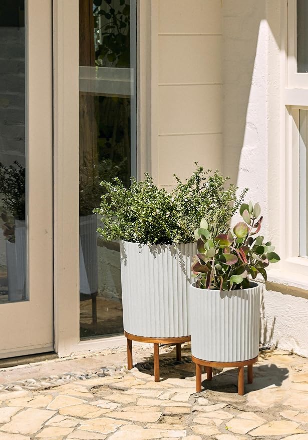 Veradek Demi Series Round Planter w/Stand for Porch/Patio | Durable Plastic-Stone Composite & Wooden Stand | Modern Décor for Tall Plants, Flowers
