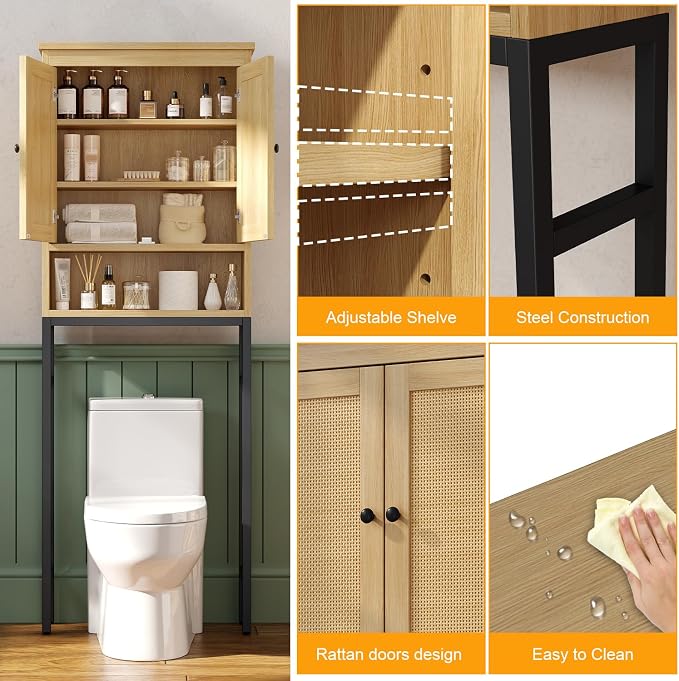 knoworld Rattan Over The Toilet Storage Cabinet, Metal Stand Above Toilet Bathroom Organizer, Behind Toilet Cabinet with Adjustable Shelf, Space Saver for Restroom, Bathroom, Laundry, Natural