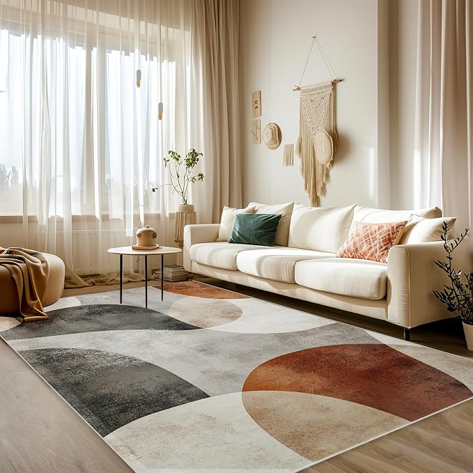 5x7 Boho Area Rug Brown Tan Beige Black White Bedroom Rug Soft Low Pile Thin Large Carpet Living Room Non Slip Dining Room Stain Resistant Office Washable Machine