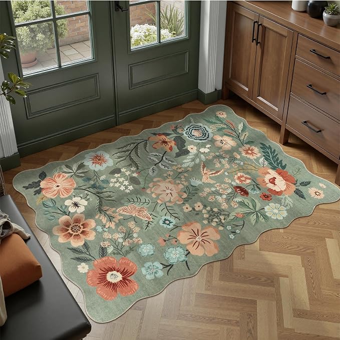 DCX Vintage Floral Rug 2x3, Washable Sage Green Rug for Living Room, Kid & Pet Friendly with Rubber Back Non Slip, Soft Low Pile Carpet, Stain Resistant Rug for Kitchen, Bedroom, Laundry, Bathroom