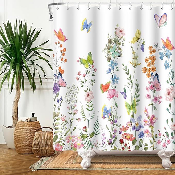 Spring Floral Butterfly Shower Curtain Summer Colorful Wildflowers Botanical Shower Curtain for Rustic Vintage Bathroom Decor Easter Shower Curtain Set 72x108 Inches