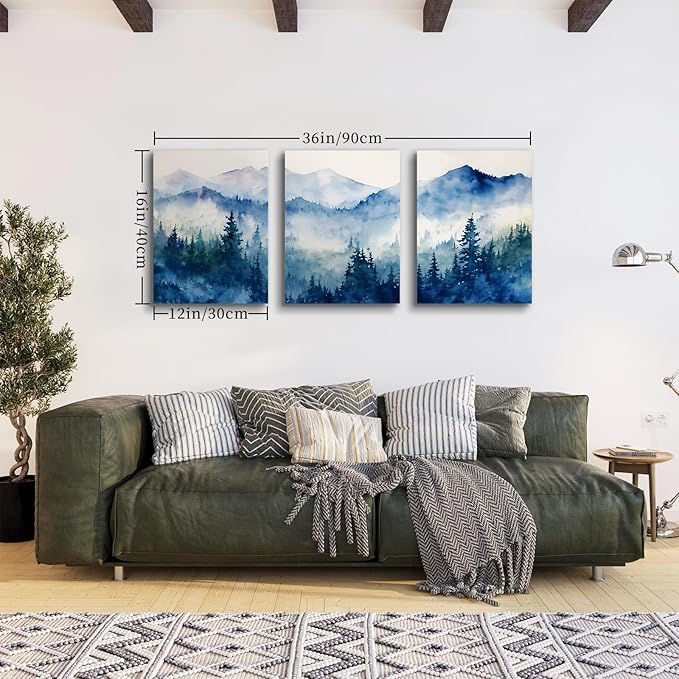 SERIMINO Nature Landscape Canvas Wall Art for Living Room, Forest Mountain Canvas Prints Paintings, Blue Modern Farmhouse Wall Decor for Bedroom Bathroom Set of 3, 12"X16"