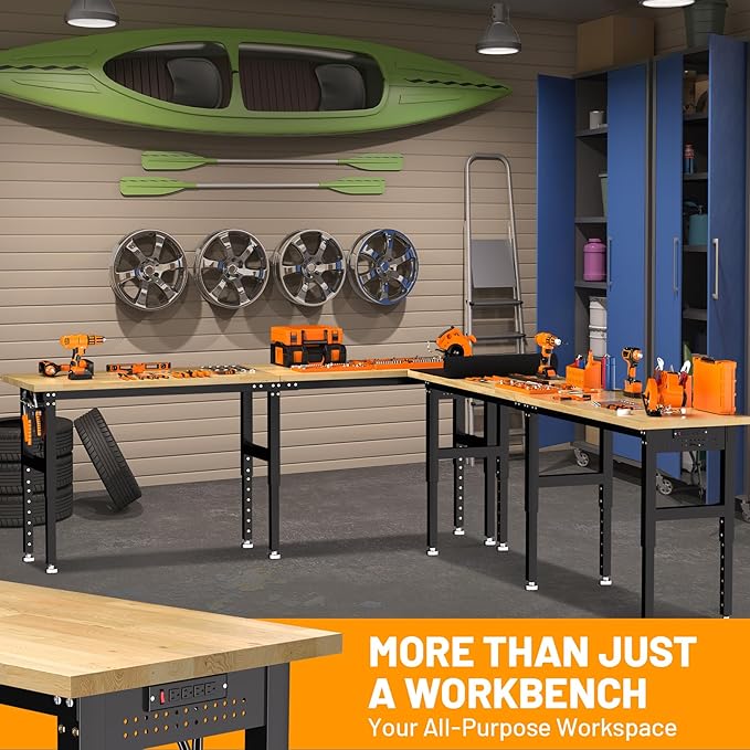 96 Inches Workbench, Rubber Wood Tabletop Work Table, 5500 LBS Heavy Duty Adjustable Height Work Bench with 2 Power Outlets for Workshop, Office, Garage