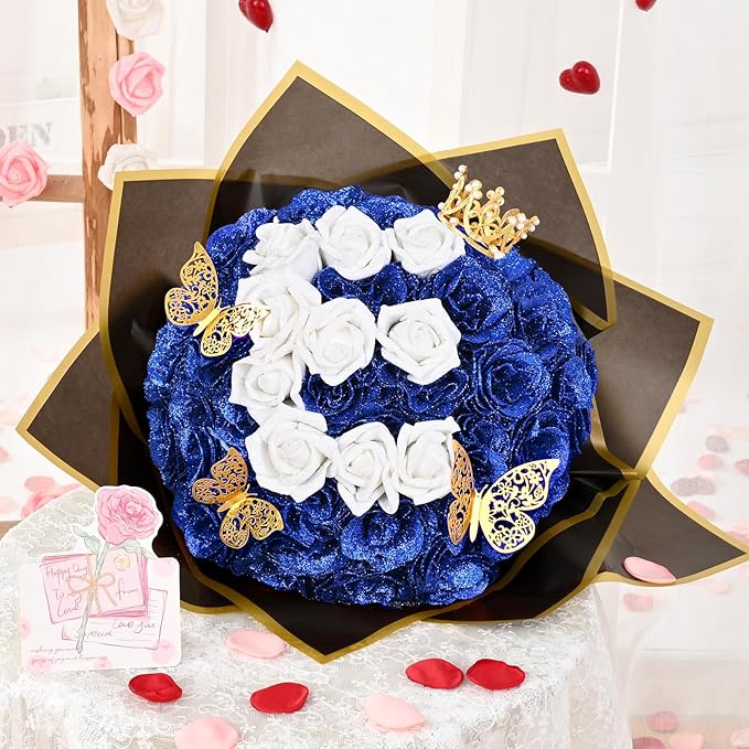 36+20 Glitter Roses Bouquet, DIY Fake Flowers Bouquet, Craft The Initials of Your Loves' Name with Artificial Rose Bouquet for Valentines, Anniversary, Wedding, Blue & White