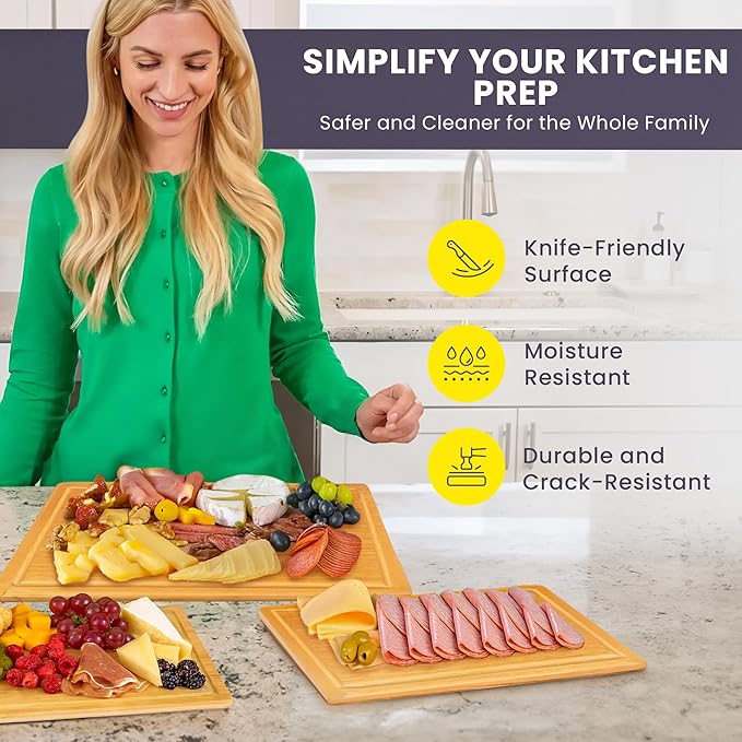 Glue-Free Surface™ Extra Large Bamboo Cutting Board Set – For Chopping Vegetables, Carving Meat, Slicing Bread, and Serving Cheese & Charcuterie for Safer Family Meal Prep – For Health Conscious Chefs