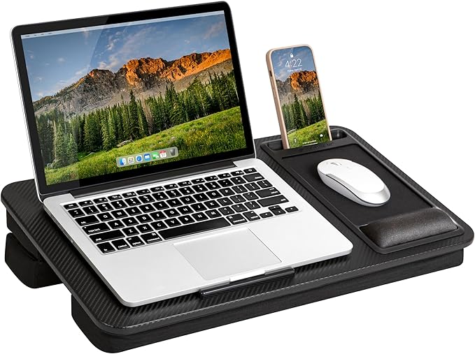 LAPGEAR Large Adjustable Lap Desk – Fits Laptops up to 15.6”, Adjustable Cushion, Memory Foam Wrist Rest, Mouse Pad, Device Ledge, & Phone Slot - Black Carbon - Style No. 88008