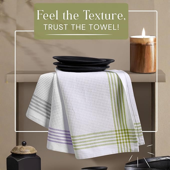 Waffle White & Multi Colors Kitchen Towels 12 Pack, 100% Cotton, 16x26 inches, Durable Dish Towel, Quick Dry Dishcloths, Ideal for Drying, Wiping - Light Grey, Lavender, Lemon Green