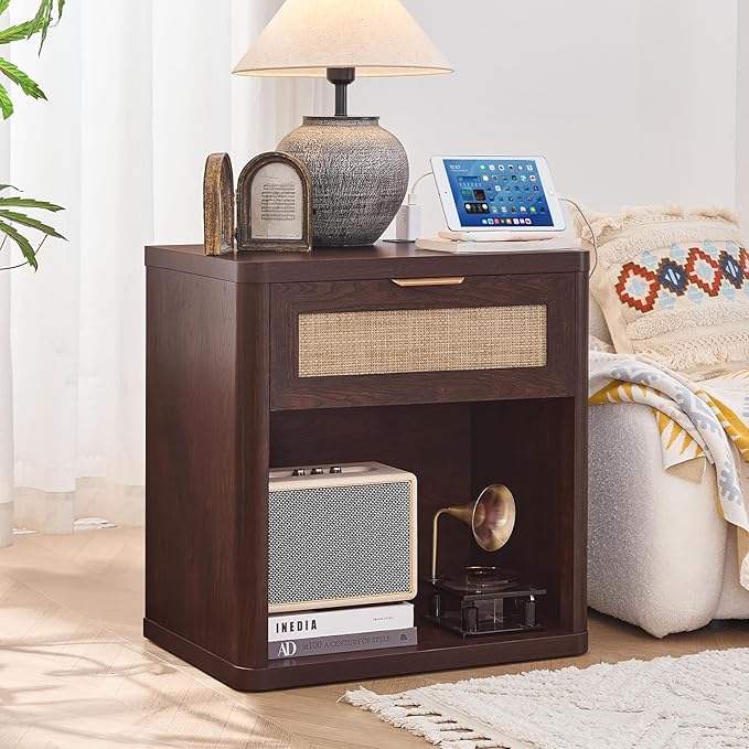 LEYAOYAO Rattan Nightstand with Charging Station, 23" Wide Boho Night Stand with Drawer, Walnut Bedside Table Open Storage Cabinet, Bed Side End Tables Dresser for Bedroom, Living Room, Hallway