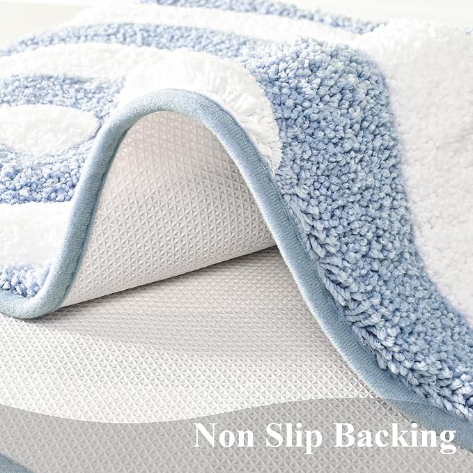 QJHOMO Blue and White Cute Bathroom Rugs Non Slip Bath Mat Modern Aesthetic Bathroom Decor, Geometric Striped Bath Rug Fluffy Floor Mats, Thick Microfiber Carpet Super Absorbent Bathmat (20x32 inch)