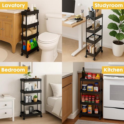 ShellKingdom 4-Tier Slim Rolling Bathroom Storage Organizer - Mobile Shelving Unit with Lockable Wheels (Black)