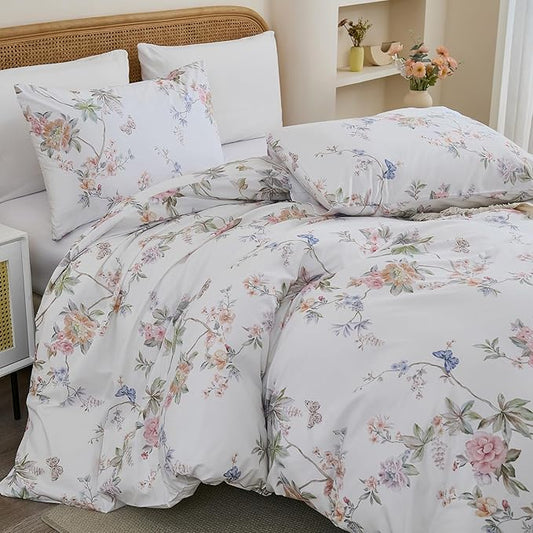 100% Cotton Duvet Cover King Size – Elegant French Romantic Floral Duvet Cover Set with Zipper Closure, 3-Piece Soft Breathable Durable Percale Cotton Bedding Set for All Seasons