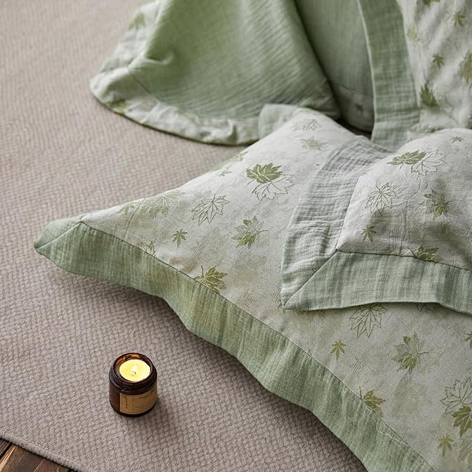 mixinni Yarn-Dyed Jacquard Duvet Cover Queen, Green Botanical Leaf Print 3-Piece Bedding Set with Wide Edge Piping, Soft Breathable Double Layer Gauze for All Seasons (1 Duvet Cover + 2 Pillowcases)