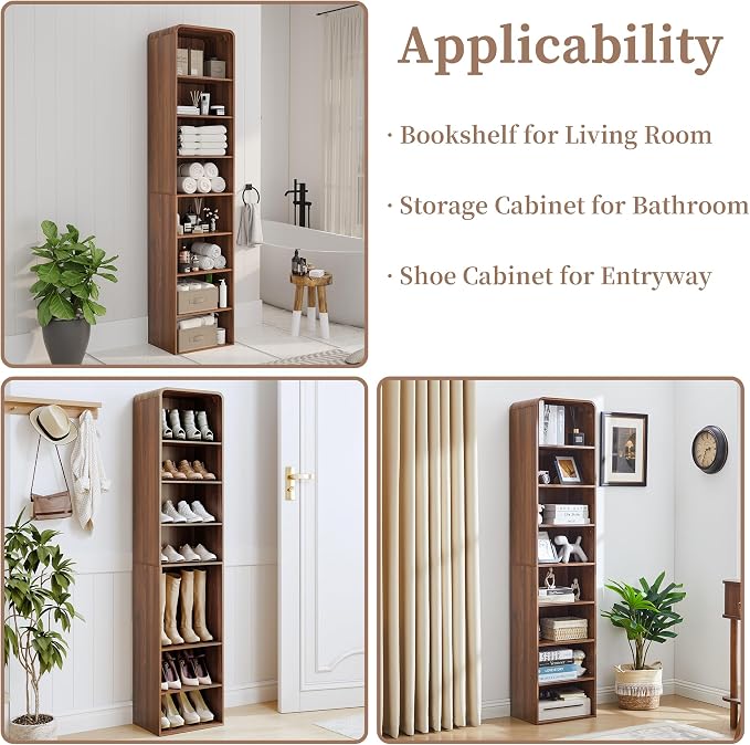 Tall Narrow Curved Bookshelf, 8-Tier Skinny Arch Bookcase for Small Space, Freestanding Storage Organizer with Adjustable Shelves, Open Display Shelves for Living Room, Entryway Bathroom (Walnut)