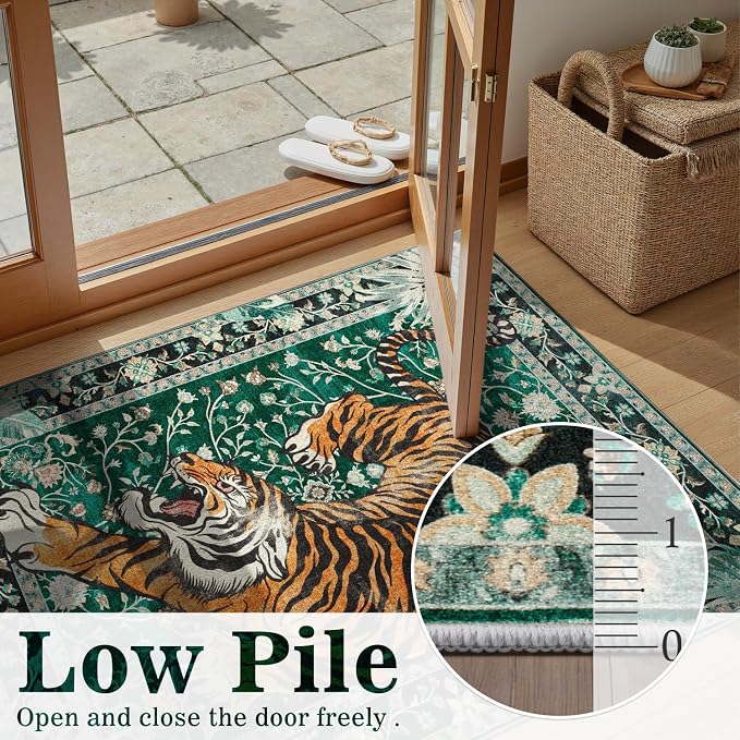 DCX Washable 3x5 Tiger Rug, Green Vintage Animal Rug for Entryway, Soft Low Pile Carpet, Kid & Pet Friendly with Rubber Back Non Slip, Stain Resistant Rug for Bedroom, Laundry, Bathroom