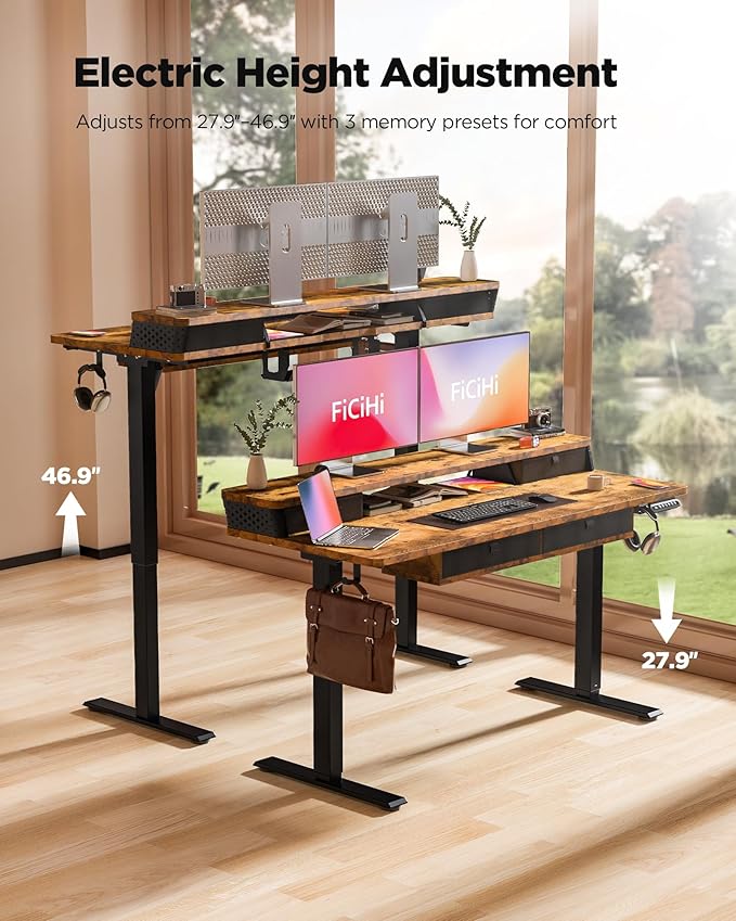 FiCiHi Adjustable Height Standing Desk with 4 Drawers,55 x 24 inches Electric Sit Stand Home Office Desk with Two Tiers, 3 Memory Presets, Monitor Stand Riser, C-Clamp Mount Compatible