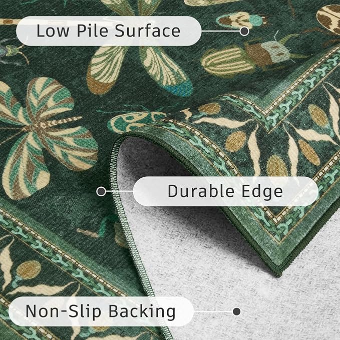DCX 4x6 Washable Insect Rug, Vintage Gothic Dark Green Rug with Non-Slip Rubber Backing, Soft Low-Pile, Stain-Resistant, Kid & Pet Friendly, for Living Room, Bedroom, Office, and Nature-Themed Decor