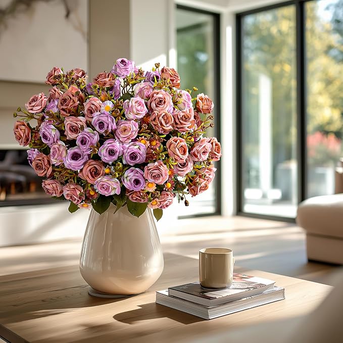 Artificial Rose Flowers for Outdoor 4 Bundles Rose Bouquet with Daisy Faux Flowers UV Resistant for Home Indoor Outside Garden Porch Window Box Balcony Yard Porch Fall Decor (Purple+Brown)