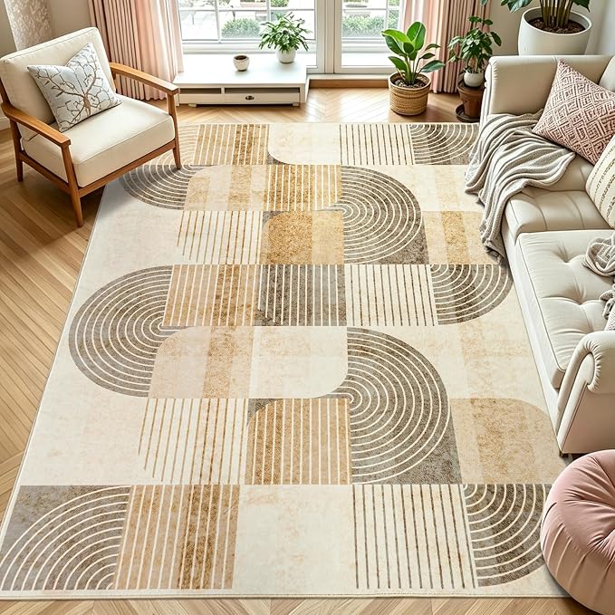 Area Rugs for Bedroom Living Room 4x6 - Soft Beige Mid Century Modern Rug, Washable Non-Slip Indoor Floor Mat Abstract Neutral Carpet for Dining Room Nursery Office Home