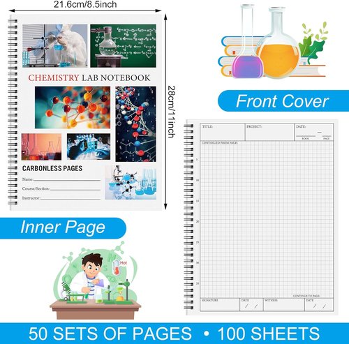 Carbonless Student Lab Notebook by [Brand Name] - 8.5" x 11" | 50 Duplicate Pages, Scientific Grid Design