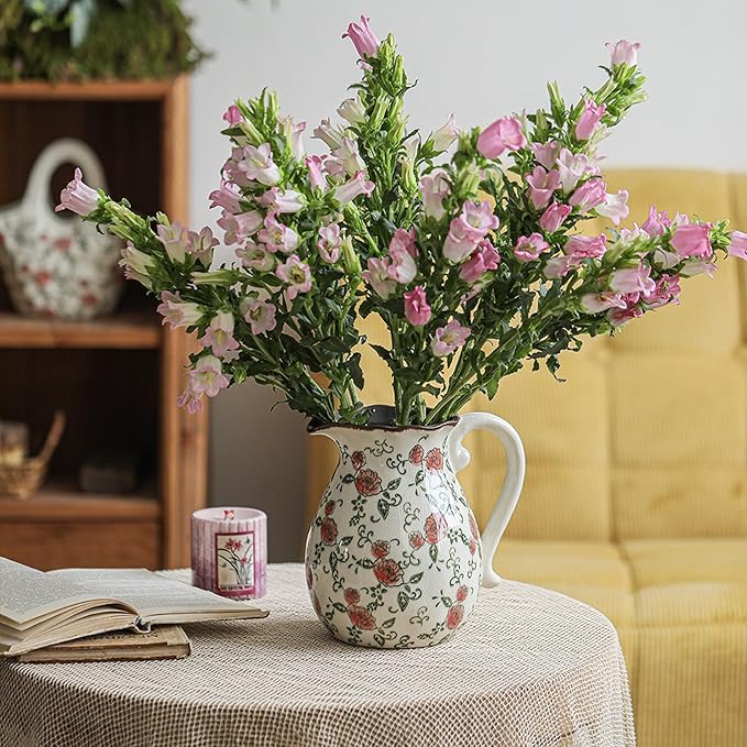 Green and Beige Vintage Vase with Handle,Red Rose Chinoiserie Vase,Farmhouse Antique Decorative Ceramic Vases for Home Decor,Bookshelf, Dining Table, Coffee Table,Mantel, Tuscan Decor (H8.05 Inch)