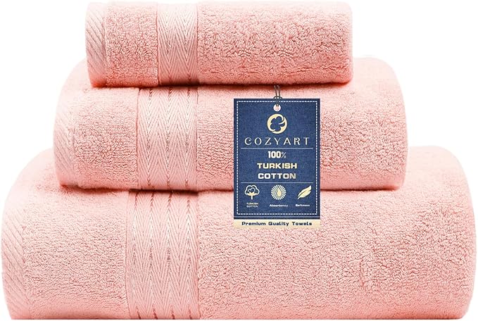 COZYART Pink Bathroom Towels Set, 100% Turkish Cotton Bath Towel Sets of 3 for Bathroom, Super Soft Highly Absorbent, 650 GSM Luxury Set with 1 Bath Towel, 1 Hand Towel, 1 Washcloths