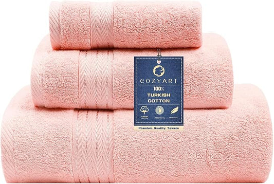 COZYART Pink Bathroom Towels Set, 100% Turkish Cotton Bath Towel Sets of 3 for Bathroom, Super Soft Highly Absorbent, 650 GSM Luxury Set with 1 Bath Towel, 1 Hand Towel, 1 Washcloths